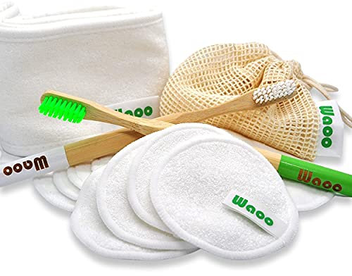 Coton démaquillant lavable et réutilisable en fibre de bambou bio - kit composés de 12 pcs + 1 sac filet de lavage + 2 brosses à dents + 1 bandeau en coton pour vous démaquiller