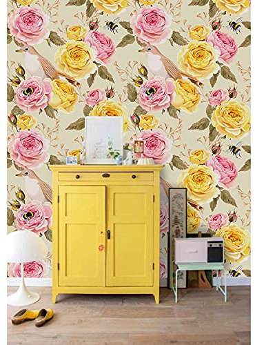 Coloray Le Papier Peint Meuble Chambre Salon Cuisine 250x104cm Muraux Décoration LatexMuralo Papiers Peints - Anglais Roses Oiseaux