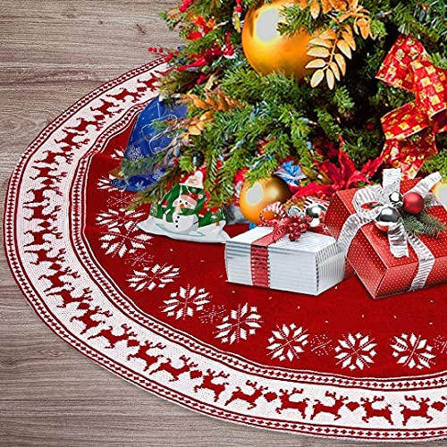 Gonna per albero di Natale, 150 cm in maglia spessa e rustica con albero rosso con fiore di neve e alce grande tappetino per gonna per albero di Natale, casa, feste, decorazioni per feste