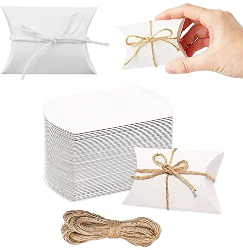 50 Stück Gastgeschenk Box, Kraftpapier Box, Geschenkschachtel Klein, Gastgeschenke Hochzeit Pillow Box, Geschenkbox, mit 50 Juteseilen, für Hochzeiten, Partys, Süßigkeiten