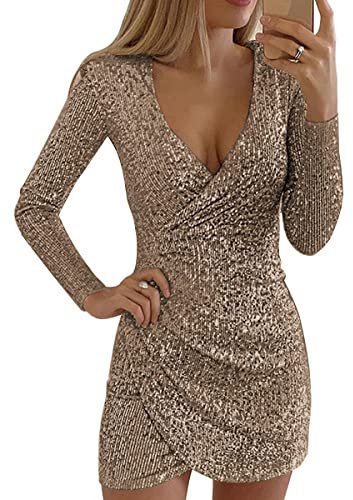 ORANDESIGNE Vestito Donna Discoteca Sexy Manica Lunga Scollo A V Mini Abito Bodycon Dress Y2k Tinta Unita Abiti da Sera Paillettes Brillante Tubini Estivi a Oro XS