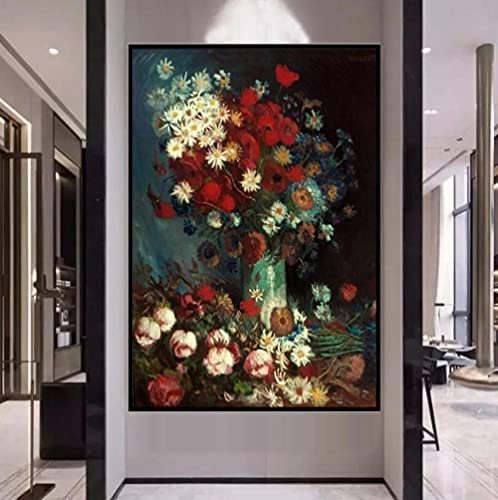 Vase mit Mohnblumen, Kornblumen, Pfingstrosen und Chrysanthemen, DIY 5D Diamond Painting Set, Vincent van Gogh, Kreuzstich Stickerei Voller Runder Handwerkskunst Geschenk(Rahmenlos)
