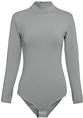 Evoni Damen Body langarm I blickdichter Bodysuit mit Halbkragen für Frauen I Langarmbody aus Baumwolle I Women Body Shaper I Jumpsuit S Grau