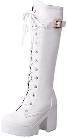 Minetom Botas De Motociclista para Mujer Botas con Cordones Tacón Grueso Zapatos Botas Tacones De Bloque Tacones Altos Plataforma Góticas hasta La Rodilla Botas Punk A Blanco 36 EU