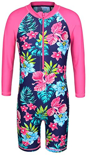 ZNYUNE Tuta da nuoto a maniche lunghe Rashguards da Wakeboard Ragazza Costume da bagno 1 pezzo UPF50+ Anti-UV - Protezione solare, Marina, 12-13 Anni