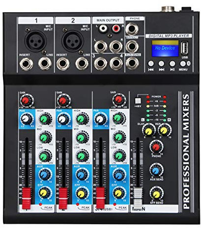Depusheng HT4 Console de mixage numérique portable professionnelle compatible Bluetooth avec USB 4 canaux Table de mixage d'interface audio pour enregistrement studio Noir