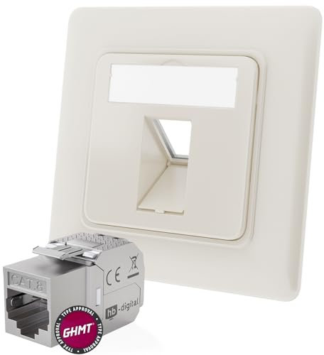 hb-digital Prise réseau 1 port CAT 8 encastrée RAL9010 + 1 x GHMT certifié CAT 8 Keystone RJ45 Module LAN Ethernet Keystone Prise femelle encastrable max. 40 Gbit/s STP – Blanc pur