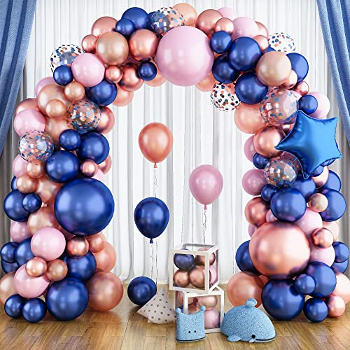 Gender Reveal Balloon Arch Kit 106Pcs, Navy Blue and Pink Rose Gold Balloon Garland Arch Kit with Foil Star Balloons Metallic Rose Gold Confetti Balloons for Gender Reveal Birthday Party Decorations