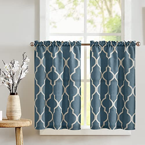TOPICK Blau Scheibengardine Küche Vorhang Leinen Optik Bistrogardine Blickdicht Gardine Privatsphäre Gaze Schals Scheibengardinen Fensterschal für Wohnzimmer Landhaus 2er Set 65Bx90H (cm)