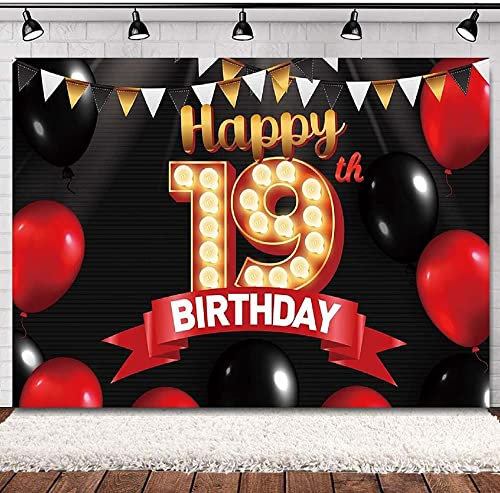 - Fotografie-Hintergrund-Banner-Gold-Roten Und Schwarzen Luftballons Dekor Mädchen Glücklich 19 Jahre Alt, 19 Geburtstag, Party Hintergrund, Glitter 240X180cm