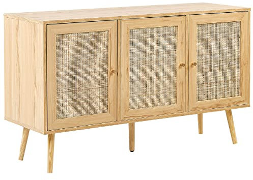 Beliani 3 Tür Rattan Sideboard Boho Stil Schrank Helles Holz Perote