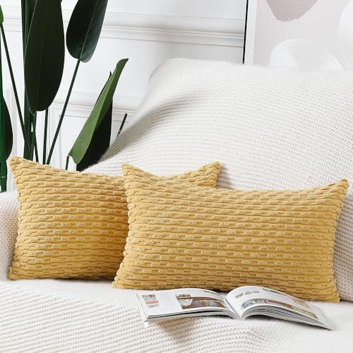 Madizz 2er Set Boho Gestreifte Kissenbezüge Weicher Kord Dekorativer Kissenbezug für Schlafzimmer Sofa Kissenhülle Gelb 30 x 50 cm