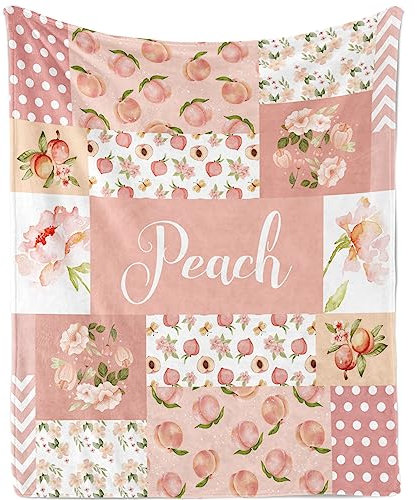 Pfirsich-Überwurfdecke für Mädchen, weiche, gemütliche Decke mit Blumenmuster, Pfirsichfrucht-Decke für Obstliebhaber, leichte Decke mit Pfirsichdruck, flauschiges Plüsch-Flanell-Fleece,