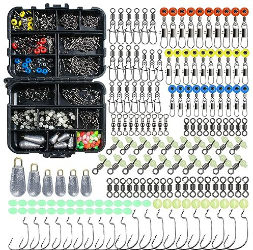 177pcs Fishing Accessories Kit, Fishing Set With Tackle Box, Sea Fishing Tackle Box Kit Including Fishing Hooks, Weights, Barrel Swivels, Sinker Slides, Fishing Beads, etc. 177PCS