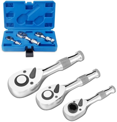 BINGCOBBER Stubby Ratchet Handle Set 1/2 3/8 1/4 Square Drive 3-Piece 72-Tooth Mini Ratchet Wrenches with 1/4 Bit Driver