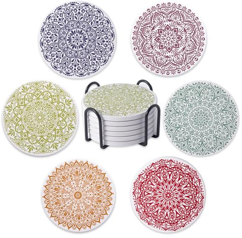 STARUBY 6 Stück Keramikuntersetzer, Untersetzer mit Halter, Untersetzer für den Couchtisch, saugfähig für Getränke, Küchen- und Esszimmerdekoration, 10 cm rund, Rot