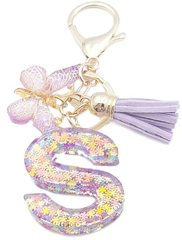 Xsclpomddy Mädchen Alphabet Buchstaben Schlüsselanhänger Niedlich Schlüsselanhänger Glitzer mit Schmetterling Quasten Harz Keychain für Tasche Charme,violett S
