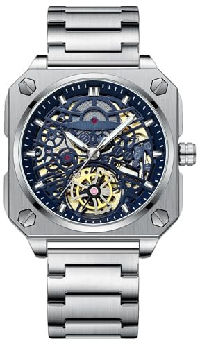 RORIOS Montres Bracelet pour Homme Automatique Mécanique Regarder Minimaliste Squelette Montre de Poignet Mode avec Bracelet en Acier Inoxydable Blanc Bleu A