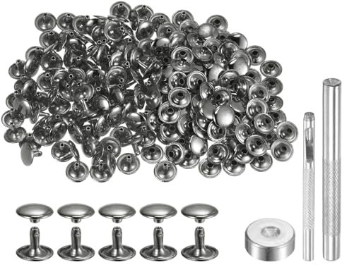 QUARKZMAN 100 Juego Cuero Remache 10 x 12 mm Remaches de Metal de Doble Tapa Broches de Presión Sujetadores con 3 Herramientas de Instalación para Cuero Manualidades Gris Metálico