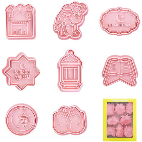 YEJAHY Set of 8 Muslim Biscuit Cutters, Muslim Biscuit Fondant Cake Baking Cutters, Eid Mubarak 3D Set Cookie Cutter Cookie Moulds for Cake Decoration Biscuits Baking (B)