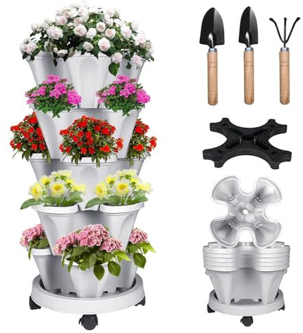 Bociks 5-stöckiger vertikaler Erdbeer-Pflanzenturm, stapelbar, Kräuterpflanzgefäß, stapelbar, für Garten, Outdoor, Pflanzgefäß mit Werkzeug, Mover für Blumen, Gemüse und Sukkulenten