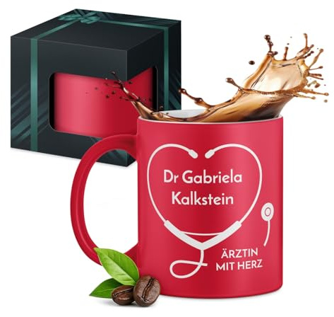Maverton Keramikbecher 330ml mit Gravur - Kaffeetasse mit funktionellem Henkel - personalisierter Kaffeebecher für Frauen zum Geburtstag - Becher zu Weihnachten - matt rot/innen weiß - Ärztin