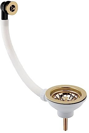 Balterley Kitchen Sink Waste Kit with Basket Strainer & Round Overflow, 1/2 inch Sink Waste Pipe, Stainless Steel Kitchen Overflow Kit, 90mm Standard Fittings - 63 x 115 x 115mm (Brushed Brass)