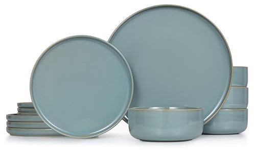 Kook KBJ12DS1G Geschirr-Set, 12-teiliges Service für 4 Personen, Keramik-Speiseteller, 26,7 cm große Speiseteller, 20,8 cm Salatteller und 750 ml Suppenschüsseln, Steingut, mikrowellen- und