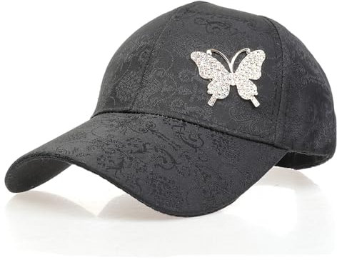 NiceYnn Baseballhut für Damen, Blumen-Strass-Schmetterling, Sonnenhut, vorgebogener Schirm, Snapback-Kappe, lässiger Outdoor-Sport, Golf-Visier, verstellbar, Einheitsgröße, Butterfly Schwarz,