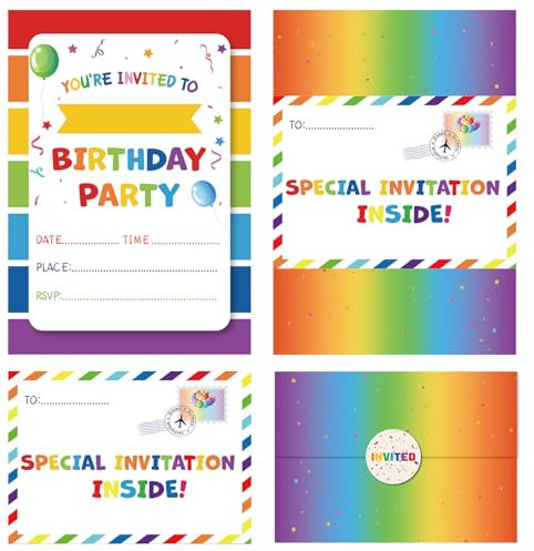 SEDEX 36 Party Invitations Kids, Childrens Girls Birthday Party Invitations Rainbow Invites Cards with Folding Envelope Design and Stickers