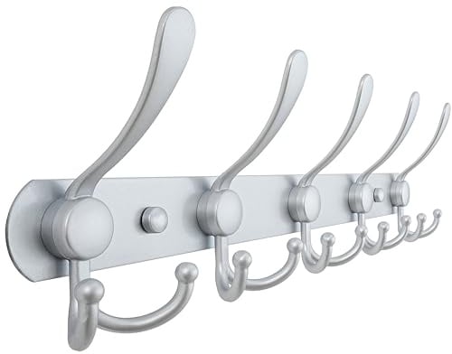 Dseap Coat Rack Wall Mounted - 5 Tri Hooks, Heavy Duty, Stainless Steel, Metal Coat Hook Rail for Coat Hat Towel Purse Robes Mudroom Bathroom Entryway, Silver