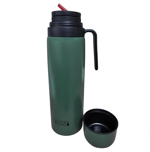 Gaucho Bruno Yerba Mate - Contenitore termico per bevande con beccuccio di precisione, manico e coperchio a vite, isolato per bevande calde e fredde, in acciaio inox rivestito in verde increspato,