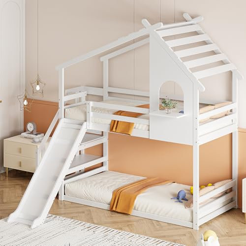 Sapgaks Lit Enfant 90 x 200 cm, lit superposé Bas avec Toboggan, lit superposé en Bois Massif avec sommier à Lattes, Design Style Maison, Blanc