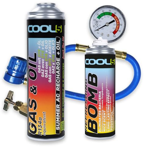 Cool5-Klimaanlagen-Reparatursatz – Öl-Kältemittel-Austausch (Ersatz von R134a Gas) für Autos von 1995–2016 – hohe Effizienz (2in1 290g R134a Autos 1995-2016 + Schlauch) + Refreshing Bomb