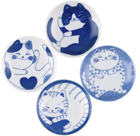 NUWIQ 4 Pieces Mini Bowls, 4 inch Cute Cat Soy Sauce Dish, Small Ceramic Plates with Japanese Cat, Great Gift for Cat Lovers, 4 Pattern Set