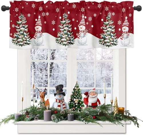 Weihnachtsbaum-Vorhänge, Volants für Küchenfenster, Schneemann, Weiß / Rot, Volant für Badezimmer, Vorhänge und Vorhänge, Stangentasche, verschneite Szene, roter Volant für Wohnzimmer, Schlafzimmer,