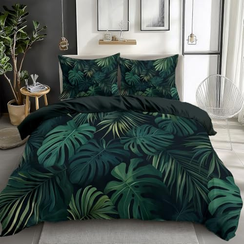 Bettbezug-Set mit Kissenbezug Dunkelgrün Bettwäsche-Set für Jungen Mädchen Kinder, Tropische Blätter Monstera und Palmwedel Drucken Bettbezug 135 x 200 cm 3er Set Weich Mikrofaser, Atmungsaktiv