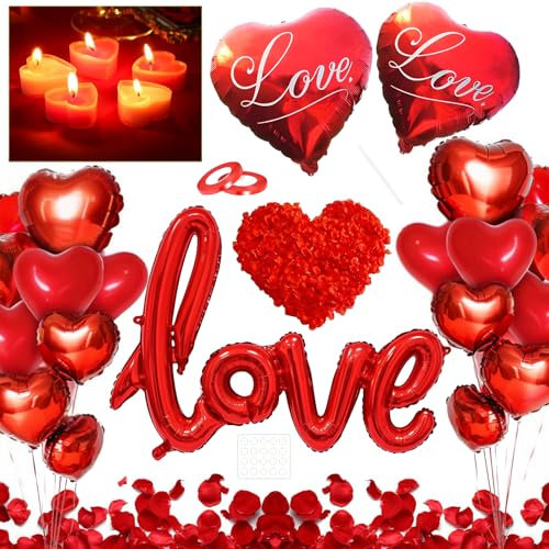 Valentinstag Deko Set, Herz Deko Romantik Heiratsantrag, Rosenblätter LOVE Luftballons Herzluftballons Rot Herz Kerzen Deko, Romantische Deko für Jubiläum Anniversary Verlobung Hochzeit