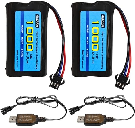 AMZZN 2PCS 7.4V 1000mAh 2S Li-Ion Akku mit SM-3P-Stecker und USB-Ladekabel für DE82 TK3086B G20601 Auto-Fernbedienung, TK-3082B Stunt Flip Car, LKW Engineering Fahrzeug C60