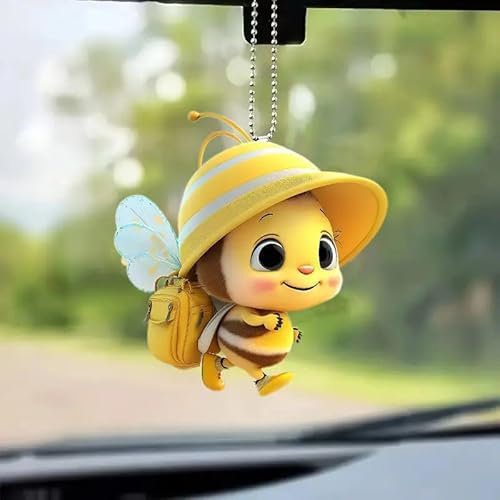 Cute Bee Car Rear View Mirror Ornament, 2D Flat Acrylic Pendant Car Hanging Accessories, Car Mirror Hanging Accessories, Car Interior Accessories Decor Present for Home Window Gift