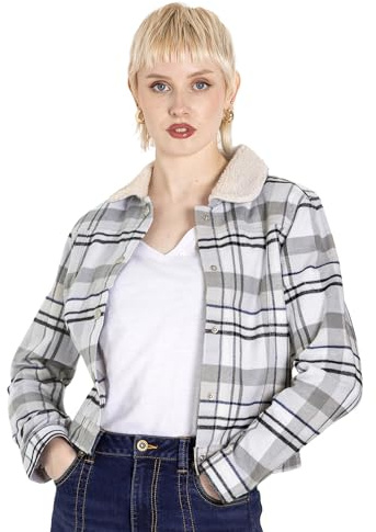 Enorsia White Plaid Check Borg Collar Shacket – Women’s Cotton Twill Layering Jacket for Casual Outings and Countryside Strolls, Regular Fit Ladies Checked Overshirt Warm Versatile Layer