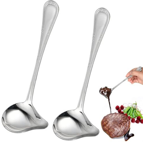 2 Pieces Sauce Ladle Stainless Steel, 20.5 cm/8.07 inch Gravy Ladle with Pour Spou, Mirror Polished Design, Dishwasher Safe, for Serving, Sauce Appetisers, Salads, Main Courses and Desserts