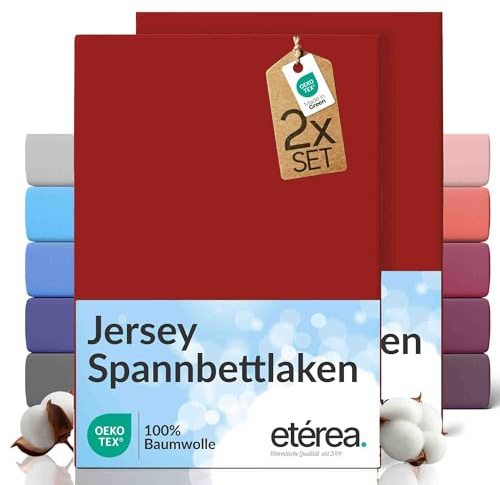 etérea Jersey 2er Set Spannbettlaken 100x200cm - 120x200cm Kirsche bis 25 cm Höhe - 100% Baumwolle Spannbetttuch Oekotex - Doppelpack Bettlaken 100x200 cm - 120x200 cm - Rot