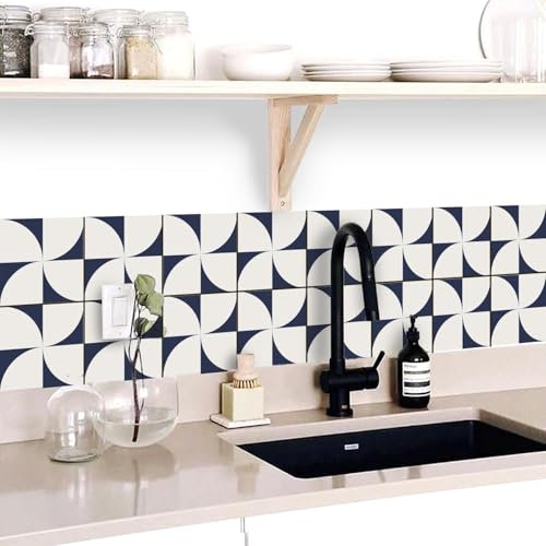 WIQUYBML Carrelage de Salle de Bain en PVC Blanc Bleu Marine à Coller sur carrelage de Salle de Bain, carrelage Auto-adhésif pour Cuisine, carrelage de Sol et Mur 20 x 20 cm/36 pièces