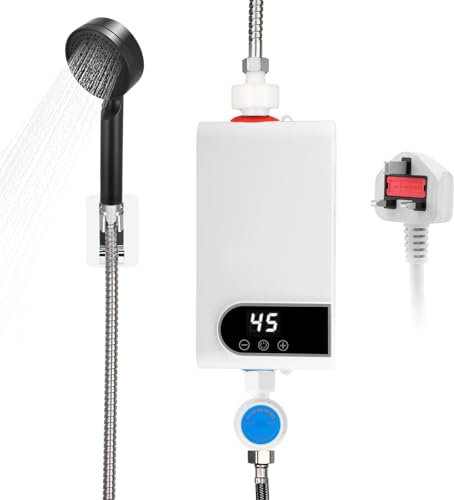 Mini Electric Water Heater, 5500 Watt Tankless Fast Heating Electric Water Heater, 220 Volt Instantaneous Water Heater with Shower, with LCD Temperature Display for Shower, Bathroom, Kitchen and Laund