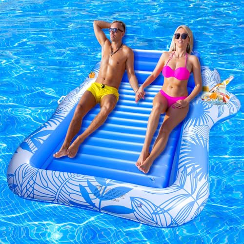 BuzzoXerex Aufblasbares Sonnenpool, Doppelte Deluxe Tanning Pool Groß Wasserhängematte Erwachsene Aufblasbarer Luftmatratze Pool mit Kopfstütze & Getränkehalter für Sommer Pool Strand