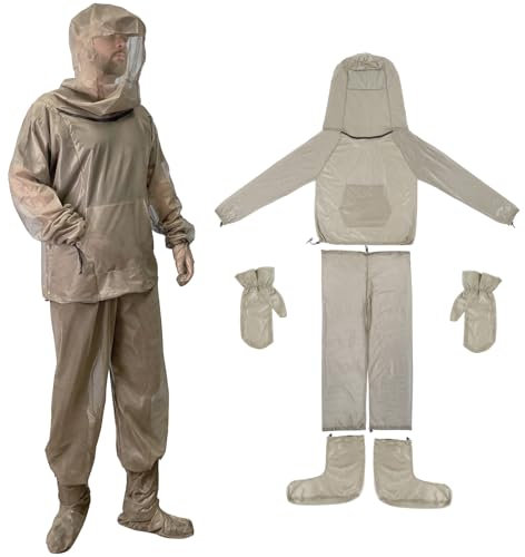 RoamRider Moskitoanzug – Ganzkörper Käferjacke, Hose, Handschuhe & Socken – Outdoor Insektenschutz für Gartenarbeit, Angeln, Wandern, Beige, Small / Medium