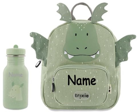 Elefantasie Personalisierter Kinderrucksack von Trixie mit Name für Kindergarten und Kita optional mit Trinkflasche (Drache, Rucksack + 350ml Flasche)