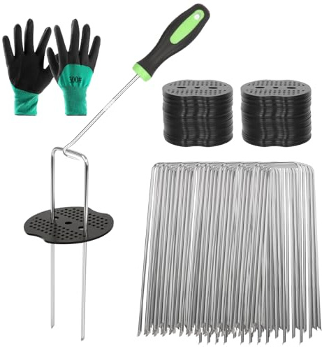 CAKKVDE 50 Weed Control Membrane Pegs with Gloves, Hook & Washers | 6”/15cm Rust-Proof Metal Garden Staples for Ground Cover, Artificial Grass & Landscape Fabric | U-Shaped Weed Mat Pins