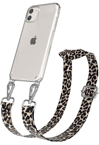 EAZY CASE Handykette - Verstellbares Taschenband kompatibel mit iPhone 11, Schulterriemen, Handykordel mit Silikon Hülle, Umhängetasche, Leo - Schwarz Beige Metall Silber